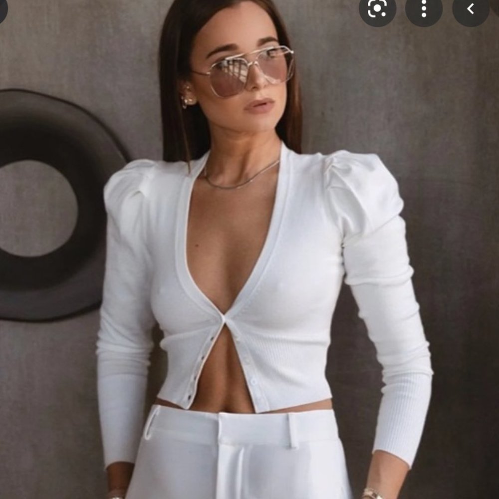 Danielle Bernstein White Puff Shoulder Cardigan
